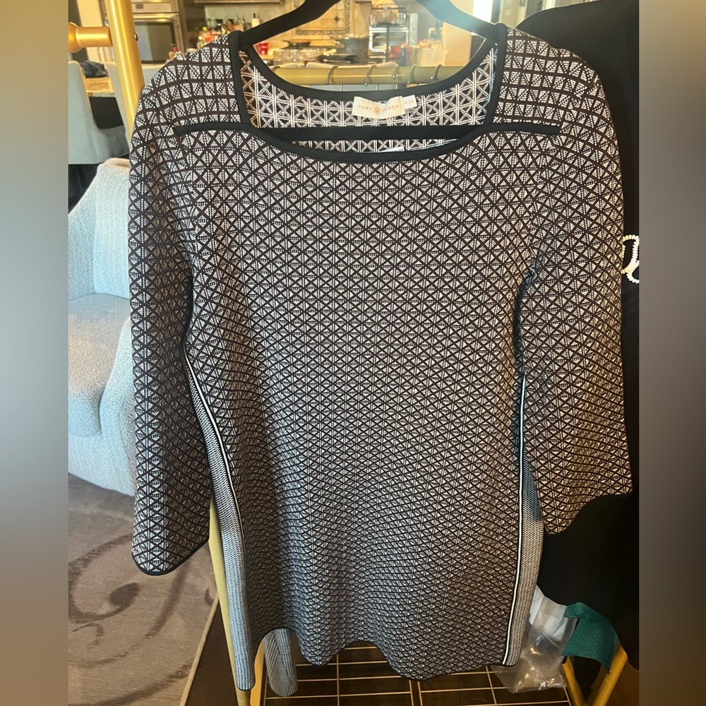 Tory Burch Black and White Geometric Long Sleeve Dress